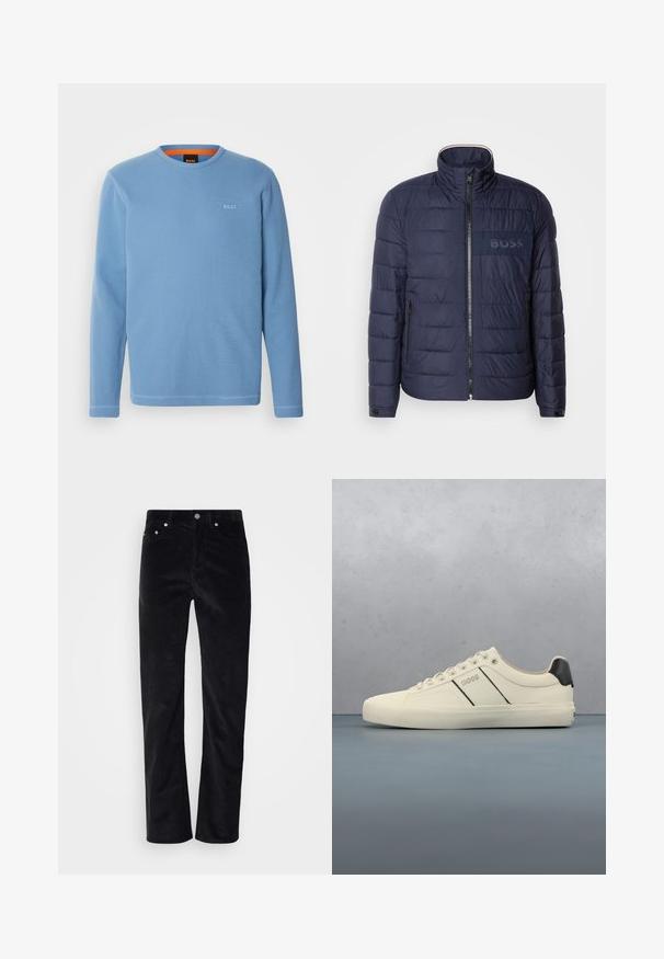 Veste matelassée bleu marine avec un col montant, fermeture éclair, deux poches latérales et un écusson logo 'BOSS' texturé sur la poitrine.; Chemise à manches longues bleu clair avec une texture côtelée. Elle présente un col rond et un petit logo "BOSS" brodé sur la poitrine.; Pantalons en velours côtelé noir avec une coupe droite. Présentent une fermeture à bouton et un style à cinq poches. Tissu texturé à côtes.; Baskets de couleur crème avec une texture lisse, dotées d'accents et de marquage noirs. Design classique à lacets avec un bout rond et une semelle en caoutchouc.