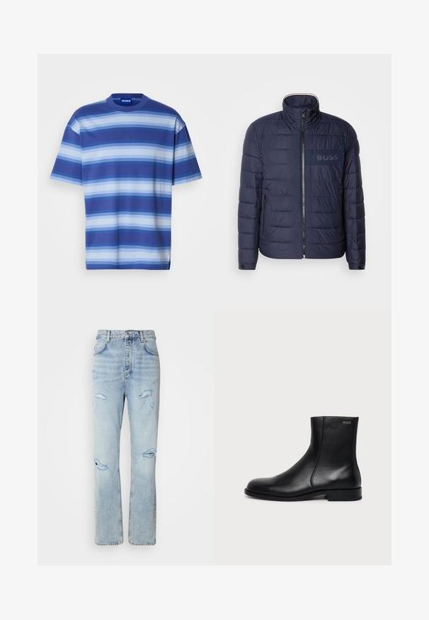 Σκούρο μπλε πούφρ jacket με ψηλό γιακά, κλείσιμο με φερμουάρ, δύο πλαϊνές τσέπες και υφασμάτινη ετικέτα λογότυπου 'BOSS' στο στήθος.; Κοντομάνικο μπλουζάκι από βαμβάκι με οριζόντιες ρίγες σε διάφορες αποχρώσεις του μπλε. Στρογγυλή λαιμόκοψη, χαλαρή εφαρμογή και ετικέτα που εμφανίζει τη μάρκα.; Ανοιχτού μπλε τζιν παντελόνι με άνετη εφαρμογή, που διαθέτει φθαρμένα σημεία και σκισμένες άκρες. Το ύφασμα έχει μαλακή, λεία υφή.; Μαύρο δερμάτινο μποτάκι αστραγάλου με χαμηλό τακούνι, πλευρικό ράψιμο και μικρό λογότυπο "HUGO" στο επάνω μανσέτι σε μονόχρωμο φόντο.