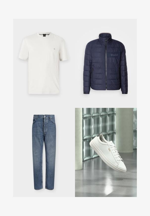 Veste matelassée bleu marine avec un col montant, fermeture éclair, deux poches latérales et un écusson logo 'BOSS' texturé sur la poitrine.; T-shirt en coton blanc avec un col rond, des manches courtes et une petite étiquette logo sur la poitrine gauche. Texture lisse, coupe régulière.; Jean droit en denim bleu avec taille haute, fermeture à boutons sur le devant et design à cinq poches sur un fond clair uni.; Baskets basses en cuir blanc avec lacets, languette de talon noire et logo « BOSS », flottant à l'intérieur près d'un mur en blocs de verre et d'un sol poli.