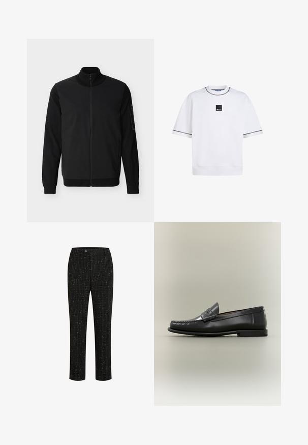 Schwarze Jacke mit durchgehendem Reißverschluss, geripptem Kragen, Bündchen und Saum, mit einer Reißverschlusstasche am linken Ärmel.; Weißes Sweatshirt mit kurzen Ärmeln und Rundhalsausschnitt, mit einem schwarzen quadratischen Logo-Patch und schwarzen Ziernähten am Ausschnitt und an den Ärmeln.; Schwarze maßgeschneiderte Hose mit einem strukturierten Muster aus dünnen weißen vertikalen Linien, geradem Schnitt und einem Knopfverschluss an der Taille.; Schwarzer Herren-Loafer aus Leder mit Mokassin-Zehennaht, Penny-Riemen und flachem Absatz vor neutralem Hintergrund.