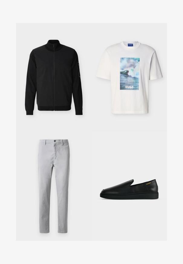 Zwarte jas met volledige ritssluiting, geribbelde kraag, manchetten en zoom, met een ritssluitingzak op de linkermouw.; Wit T-shirt met korte mouwen met blauwe, groene en witte oceaangolfgrafiek en de tekst "HUGO" gecentreerd aan de voorkant.; Grijze katoenen chino's met een rechte pasvorm, voorzien van een knoopsluiting, riemlussen en zijzakken. Soepele textuur met minimale stikseldetails.; Enkele zwarte leren instapschoen met dikke zool en goudkleurige "HUGO"-branding nabij de hiel op een effen lichtgrijze achtergrond.