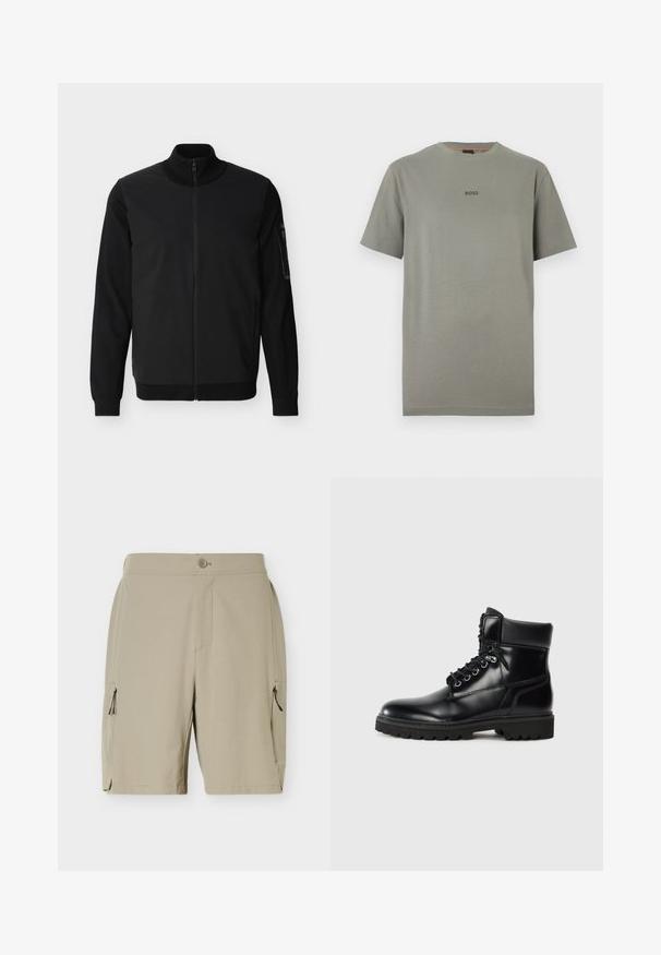 Veste noire à fermeture éclair intégrale avec col, poignets et ourlet côtelés, dotée d'une poche zippée sur la manche gauche.; T-shirt en coton gris à manches courtes et col rond. Présente un logo "BOSS" discret dans une teinte plus foncée sur la poitrine.; Shorts beiges mi-genoux avec fermeture à boutons et poches zippées de chaque côté, conçus pour un usage décontracté ou en plein air.; Bottine en cuir noir avec une finition brillante, design à lacets, col rembourré et semelle en caoutchouc robuste avec des grips de traction.