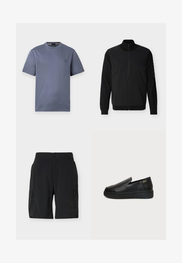 Veste noire à fermeture éclair intégrale avec col, poignets et ourlet côtelés, dotée d'une poche zippée sur la manche gauche.; T-shirt bleu-gris uni à manches courtes, col rond et petit logo circulaire sur le côté gauche de la poitrine.; Shorts noirs mi-cuisses avec poches zippées latérales et fermeture par bouton à la taille, présentés sur un fond blanc uni.; Chaussure noire en cuir à enfiler avec semelle épaisse et petits trous de ventilation latéraux, avec un logo doré "HUGO" près du talon.