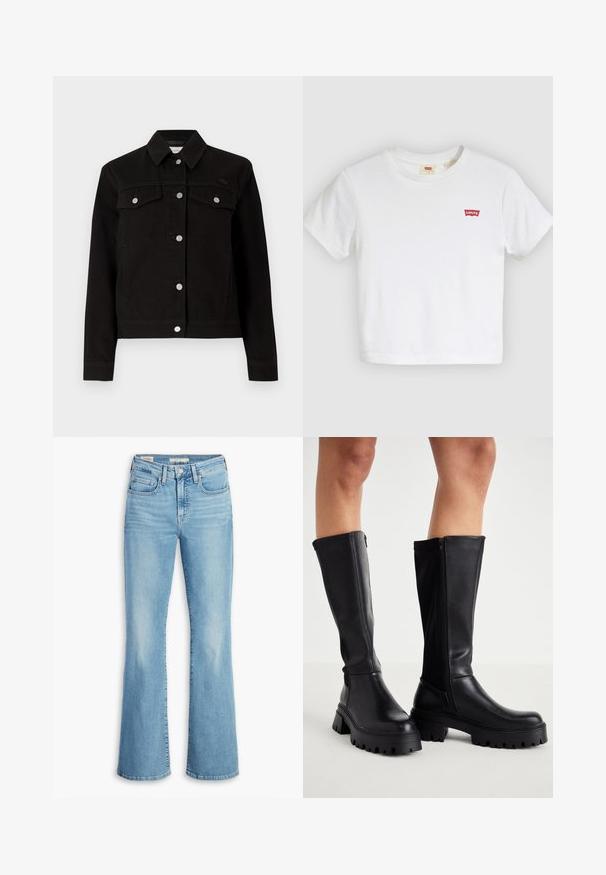 Sort denimjakke med krave, sølvknapper, to brystlommer og et kort snit. Har en diskret brandlogo på brystet.; Hvid T-shirt med korte ærmer og rund halsudskæring med lille rødt Levi's-logo på venstre bryst.; Lyseblå flared jeans i denim med høj talje, fem lommer, diskret falming og en klassisk syet kant. Glat tekstur, afslappet design.; Sorte knæhøje støvler lavet af glat kunstlæder med en kraftig sål, lynlås i siden og design med rund tå.