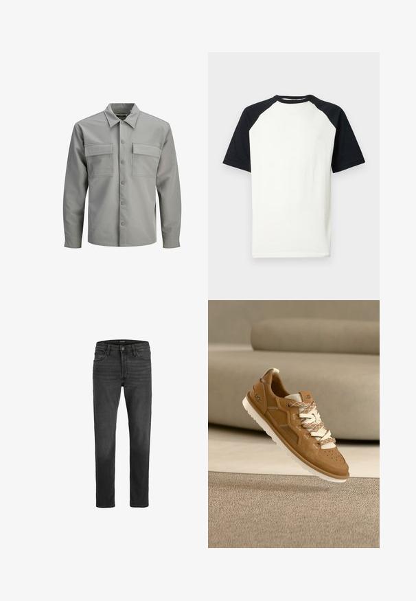 Grå jakke lavet af letvægtsstof, med en klassisk krave, to brystlommer og trykknapper foran.; Kortærmet raglan T-shirt med hvid krop og sorte ærmer og krave, vist på hvid baggrund.; Sorte denim jeans med lige pasform, fem-lomme design og lynlås. Har diskret falmning og kontrastsyninger.; Lysebrun sneakers i læder med perforeret tå, hvide snørebånd med brune detaljer og en hvid gummisål. Diskrete syningsdetaljer forbedrer designet.