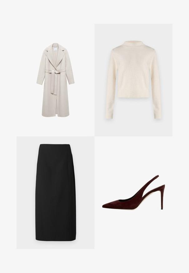 Lys beige frakke med skråskåret revers, lange ærmer og taljebælte. Lavet af et blødt stof med en glat tekstur, præget af et minimalistisk design.; Cremefarvet, langærmet sweater med høj hals. Blød tekstur, ribbede talje og manchetter. Letvægtsstof med en svag glans.; Sort blyantskjørt lavet af glat stof, med lige snit og rene linjer, uden udsmykninger eller mønstre.; Mørkerød suede slingback pump med spids tå og stiletto hæl, set fra siden på en hvid baggrund.