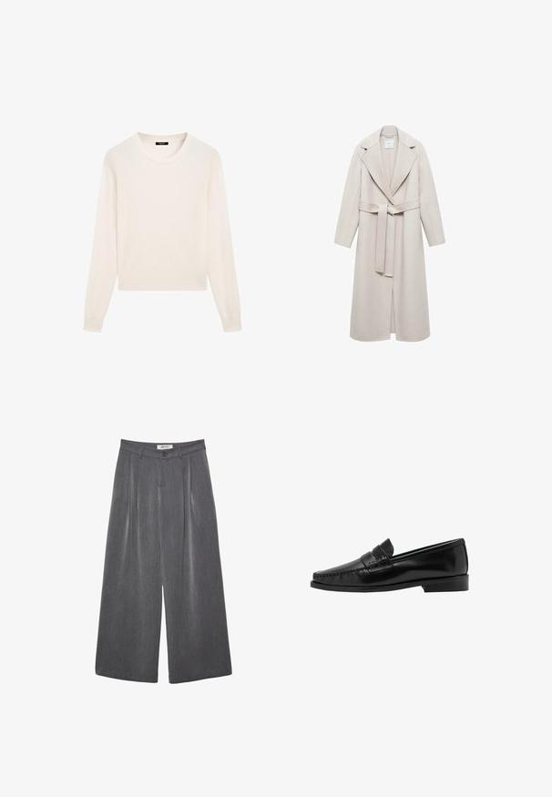 Lys beige frakke med skråskåret revers, lange ærmer og taljebælte. Lavet af et blødt stof med en glat tekstur, præget af et minimalistisk design.; Kremfarvet sweater lavet af blødt stof med rund halsudskæring, lange ærmer og en kortet kant. Enkel og minimalistisk design.; Grå vidde bukser med læg, lavet af blødt stof. Har knaplukning og en skræddersyet linning.; Sorte læderloafers med et syet tådesign og en lav hæl. Overdelen har en dekorativ rem. Glat, skinnende overfladestruktur.