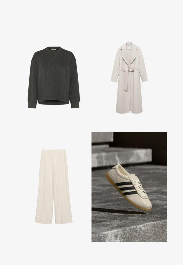 Lys beige frakke med skråskåret revers, lange ærmer og taljebælte. Lavet af et blødt stof med en glat tekstur, præget af et minimalistisk design.; Mørkegrå sweatshirt med rund hals, lange ærmer, asymmetrisk design og blød tekstur. Har en afslappet pasform og minimale syninger.; Bredde benbukser i cremet stof med en glat tekstur, skræddersyet talje og rene syninger. Flad front med dobbeltstik i kanten.; Hvid sneaker med sorte striber og gummisål svæver over betontrapper i blødt dagslys.