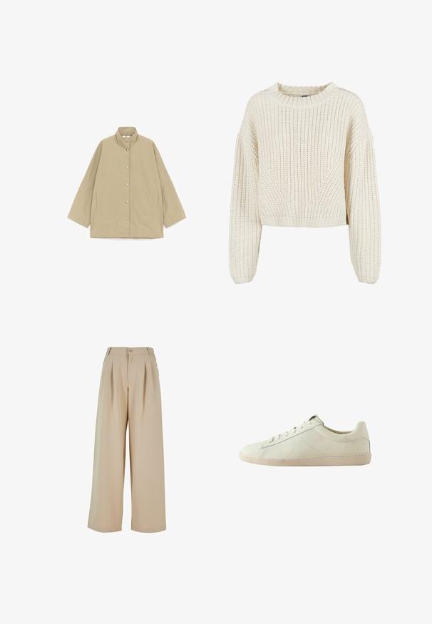 Chaqueta beige de corte holgado con cuello alto, mangas largas y anchas, botones automáticos en la parte frontal y bolsillos laterales con abertura, mostrada extendida sobre un fondo blanco.; Suéter de punto grueso en color crema con cuello redondo, mangas anchas, puños acanalados y un patrón texturizado. Diseño corto.; Pantalones de pierna ancha beige con pliegues en la parte delantera, cierre de botón y una textura suave. Presenta una cinturilla entallada y bolsillos laterales.; Zapatilla blanca de piel de corte bajo con superficie texturizada, cierre de cordones y suela de goma beige, mostrada de lado sobre un fondo blanco.