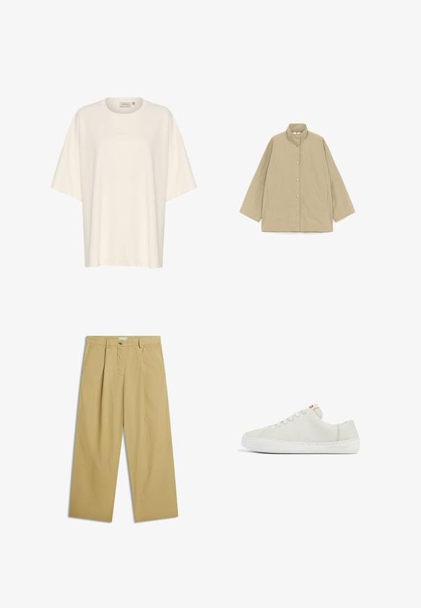 Beige, loszittend jack met hoge kraag, lange wijde mouwen, drukknoopsluiting aan de voorkant en steekzakken aan de zijkant, plat weergegeven op een witte achtergrond.; Oversized crèmekleurig T-shirt van zachte stof met een ronde halslijn en korte mouwen. Subtiele reliëf logo-detail aan de voorkant.; Beige wijde broek met voorplooien, zijzakken, broeklussen en knoopsluiting in de taille.; Witte leren sneaker met een lage profiel, ronde neus, platte vetersluiting en witte rubberen zool. Bevat subtiele stiksels en een klein logo.