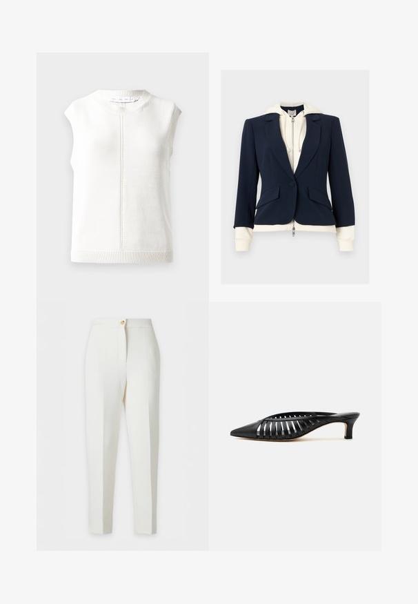 Blazer bleu marine sur mesure superposé à un sweat à capuche crème zippé avec cordons, montrant les poignets et l'ourlet du sweat dépassant des bords du blazer.; Top en tricot sans manches blanc avec un col rond, un ourlet côtelé et un tissu texturé. Présente un détail de couture central courant verticalement.; Pantalon blanc sur mesure, coupe slim, taille haute, fermeture à boutons sur le devant et pli au centre de chaque jambe.; Mule en cuir noir avec bout pointu, design découpé à brides et petit talon kitten sur fond blanc.