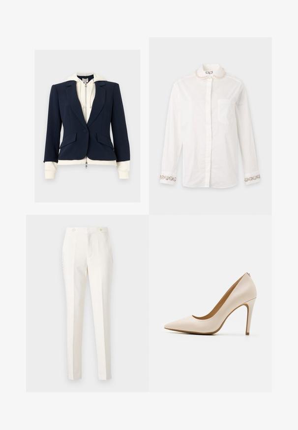 Blazer bleu marine sur mesure superposé à un sweat à capuche crème zippé avec cordons, montrant les poignets et l'ourlet du sweat dépassant des bords du blazer.; Blouse blanche à manches longues avec col décoré de perles et ornements bijoutés sur les poignets, avec une poche poitrine avant et fermeture par boutons.; Pantalon blanc ajusté avec une coupe slim, doté de deux poches avant, d'une fermeture à double bouton et de détails latéraux subtils. Texture lisse.; Escarpin beige à talon haut, à bout pointu, finition en cuir lisse, talon stiletto mince, design minimaliste avec un détail arrière subtil.