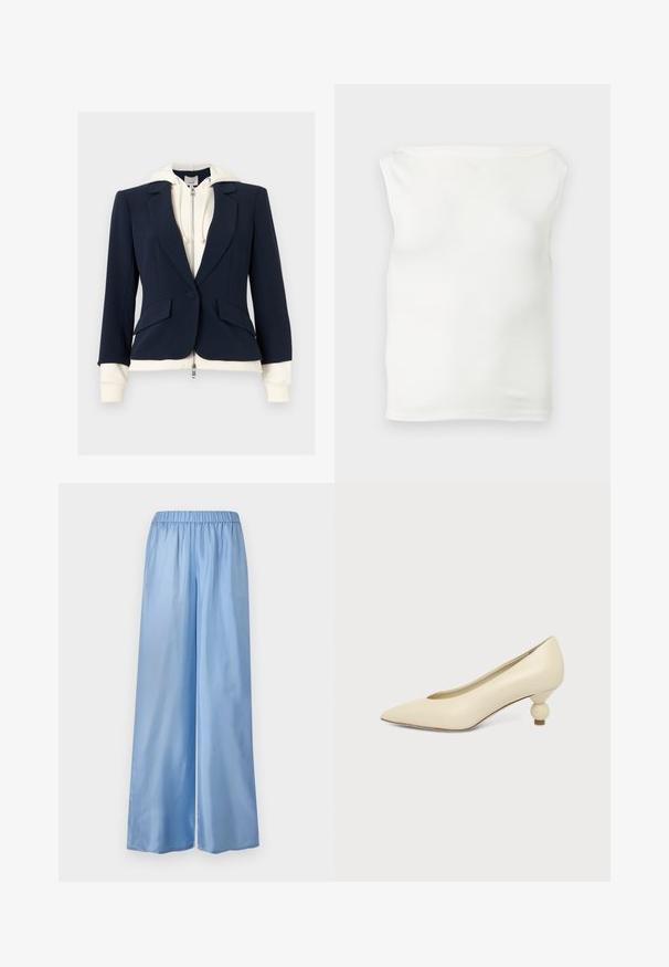 Blazer bleu marine sur mesure superposé à un sweat à capuche crème zippé avec cordons, montrant les poignets et l'ourlet du sweat dépassant des bords du blazer.; Top tube blanc ajusté sans bretelles avec un décolleté droit et un tissu lisse, présenté sur un fond clair.; Pantalon large en satin bleu clair avec taille élastique, doté d'une texture lisse et d'une coupe ample, adapté à un port décontracté.; Chaussure femme couleur crème à bout pointu avec un petit talon rond en forme de boule, sur fond uni.