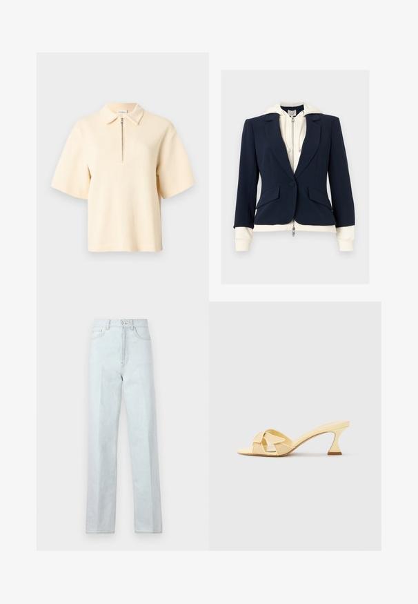 Blazer bleu marine sur mesure superposé à un sweat à capuche crème zippé avec cordons, montrant les poignets et l'ourlet du sweat dépassant des bords du blazer.; Polo beige à manches courtes avec un tissage texturé, doté d'une fermeture éclair à mi-hauteur et d'un col classique.; Jean large en denim bleu clair avec taille haute, présentant une fermeture éclair à l'avant, un bouton, et un design classique à cinq poches.; Sandale mule beige à bout ouvert avec talon incurvé de hauteur moyenne et design de bride superposée sur un fond clair uni.