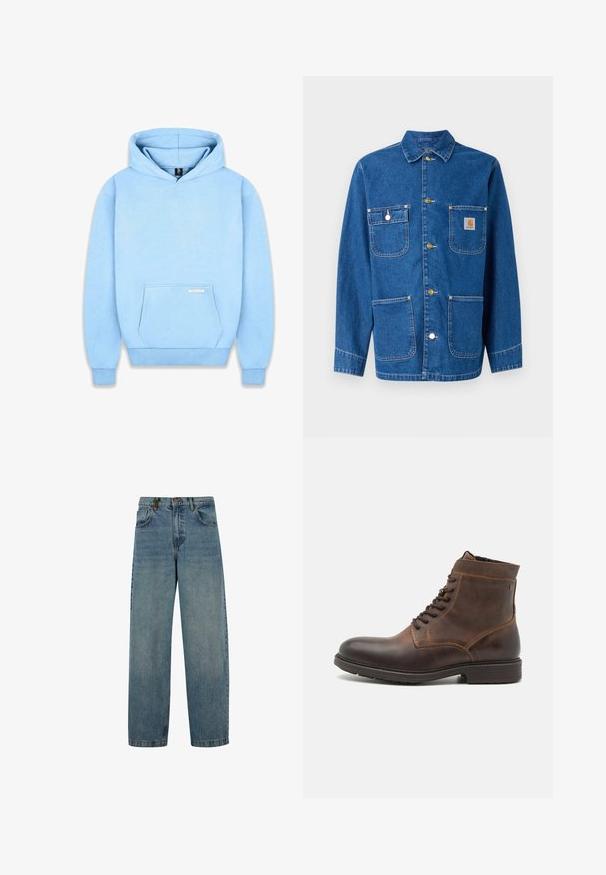Veste en denim bleu foncé avec manches longues, fermeture à boutons sur le devant, deux poches poitrine et un écusson logo sur la poitrine gauche.; Hoodie bleu clair en tissu doux, avec une poche frontale, des poignets côtelés et une capuche à cordon. Minimalisme de la marque sur la poche.; Jeans en denim bleu délavé avec une coupe droite, style à cinq poches et fermeture à bouton. Le matériau présente une légère texture et des signes d'usure.; Jack & Jones JFWDELANEY BOOT - Bottines à lacets - cognac