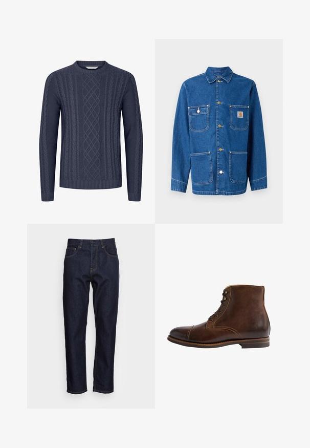 Chaqueta de denim en azul profundo con mangas largas, cierre frontal de botones, dos bolsillos en el pecho y un parche de logo en el lado izquierdo del pecho.; Suéter de punto azul marino con patrones de cable texturizados, cuello redondo y puños y dobladillo acanalados. Fabricado en un tejido suave y duradero.; Vaqueros de mezclilla azul oscuro con corte recto, cinco bolsillos y costuras amarillas en contraste. Diseñados con un cierre clásico de botón y cremallera.; Botín de cuero marrón hasta el tobillo con punta redondeada, diseño con cordones, costuras en contraste y un acabado suave. Suela plana y acentos mínimos.