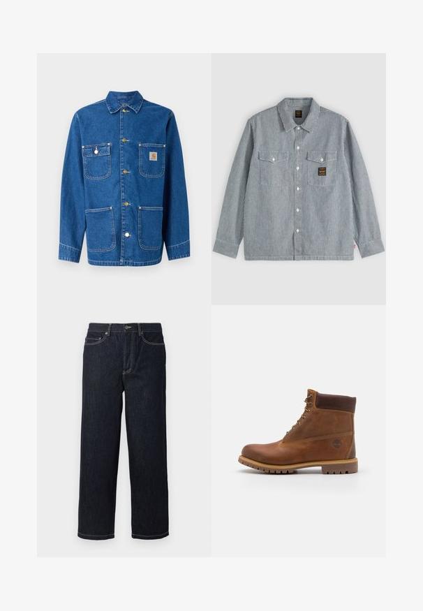 Jeansjacke in tiefblau mit langen Ärmeln, Knopfverschluss auf der Vorderseite, zwei Brusttaschen und einem Logopatch auf der linken Brust.; Langärmliges Hemd mit Knopfleiste, dünnen vertikalen schwarz-weißen Streifen, zwei vorderen Taschen mit Klappen und einem kleinen schwarzen Aufnäher auf der rechten Tasche.; Dunkelblaue gerade geschnittene Jeans aus Denim mit fünf Taschen und weißen Kontrastnähten, Knopfverschluss und Gürtelschlaufen.; Braune Lederwanderschuhe mit glatter Oberfläche, gepolstertem Knöchel, Metallösen und einer Gummisohle mit robustem Profil.