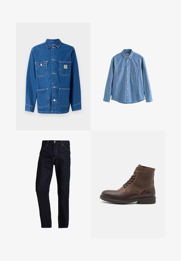 Denimjack met een diepe blauwe kleur, lange mouwen, knoopsluiting aan de voorkant, twee borstzakken en een logopatch op de linkerborst.; Blauw chambray overhemd met lange mouwen, knoopsluiting aan de voorkant en twee borstzakken, plat gelegd op een witte achtergrond.; Donkerblauwe spijkerbroek met een rechte pasvorm, voorzien van gele stiksels, vijf zakken en een klassieke knoop- en ritsluiting.; Jack & Jones JFWDELANEY BOOT - Veterboots - cognac