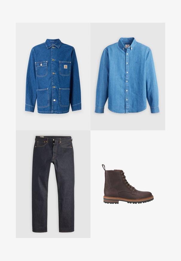 Jeansjacke in tiefblau mit langen Ärmeln, Knopfverschluss auf der Vorderseite, zwei Brusttaschen und einem Logopatch auf der linken Brust.; Hellblaues Jeanshemd mit langen Ärmeln, button-down Kragen und weißen Knöpfen. Verfügt über ein kleines besticktes Logo auf der Brust.; Dunkelblaue Jeans aus Denim mit geradem Bein, versehen mit orangefarbener Naht und klassischem Five-Pocket-Design. Verschluss mit Knopf und Reißverschluss.; Braune Leder-Stiefeletten mit Schnürung, strukturierter Oberfläche, kontrastierenden beigen Sohlen und Metallösen. Verfügen über eine Lasche zum einfachen An- und Ausziehen.