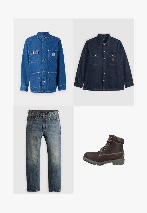 Denimjack met een diepe blauwe kleur, lange mouwen, knoopsluiting aan de voorkant, twee borstzakken en een logopatch op de linkerborst.; Donkerblauw denim overhemd met lange mouwen, knoopsluiting aan de voorkant, twee borstzakken met knoopklepjes en zichtbare witte stiksels.; Blauwe verwaste rechte denim jeans met voorzakken, riemlussen, knoop en ritsopening op een lichte achtergrond.; Bruine leren enkellaars met grijze rubberen zool, verstevigde neus, gestikte accenten en metalen veterogen. Zijkant met zichtbaar merkembleem.