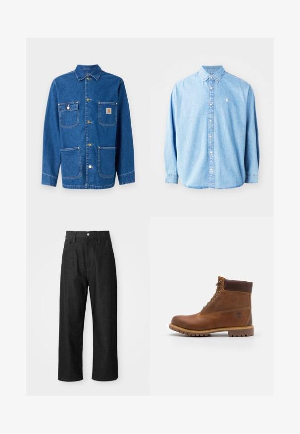 Denimjack met een diepe blauwe kleur, lange mouwen, knoopsluiting aan de voorkant, twee borstzakken en een logopatch op de linkerborst.; Lichtblauwe denim overhemd met knopen en lange mouwen, puntkraag en een klein logo op de linkerborst. Heeft een ontspannen pasvorm en een klassiek ontwerp.; Zwarte denim broek met een relaxte pasvorm, hoge taille, ritssluiting en vijf-pocket ontwerp. Duidelijke stiksels als accent door het hele ontwerp.; Bruine leren wandelschoen met een gladde afwerking, gevoerde enkel, metalen oogjes en een rubberen zool met een robuust profiel.