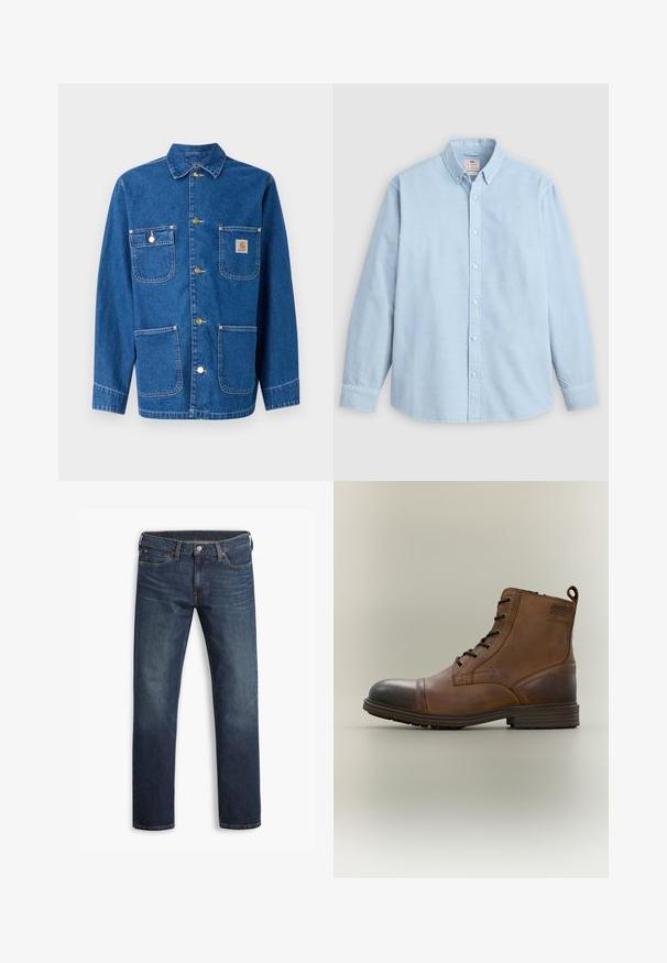 Jeansjacke in tiefblau mit langen Ärmeln, Knopfverschluss auf der Vorderseite, zwei Brusttaschen und einem Logopatch auf der linken Brust.; Hellblaues Hemd mit langem Arm, Knopfleiste, Button-Down-Kragen und einer einzelnen Brusttasche, flach liegend auf grauem Hintergrund.; Dunkelblaue Herren-Jeans mit geradem Bein, fünf Taschen und Knopfverschluss, flach auf weißem Hintergrund gezeigt.; Brauner Leder-Schnürstiefel bis zum Knöchel mit schwarzer Zehenkappe, runder Sohle und Markenlabel an der Seite vor schlichtem Hintergrund.
