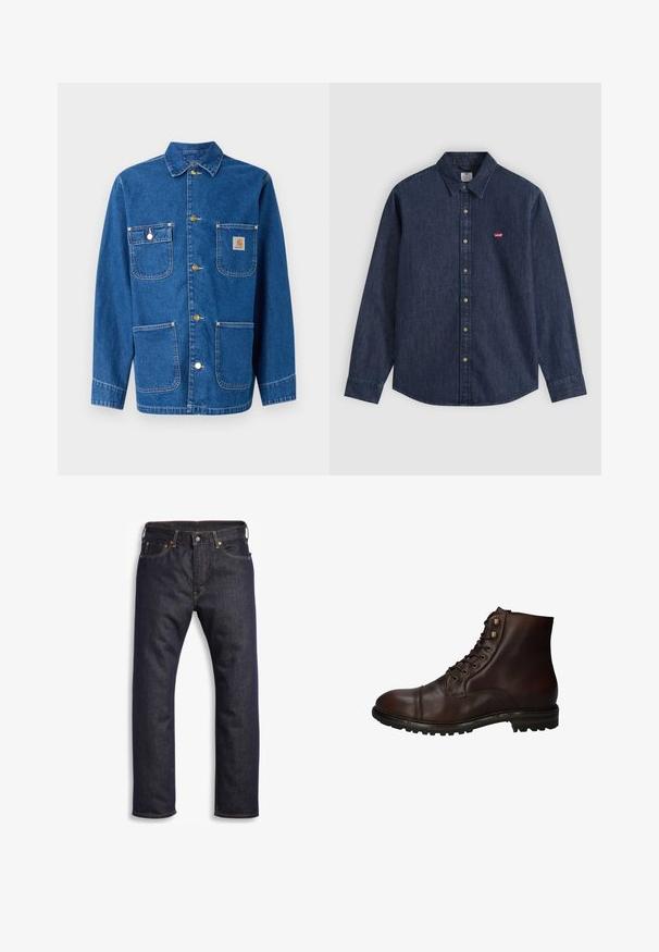 Jeansjacke in tiefblau mit langen Ärmeln, Knopfverschluss auf der Vorderseite, zwei Brusttaschen und einem Logopatch auf der linken Brust.; Dunkelblaues Denim-Hemd mit langen Ärmeln, Knopfleiste, spitzem Kragen und kleinem rotem Levi's-Logo auf der linken Brust.; Dunkelblaue Jeans aus Denim mit geradem Schnitt, Fünf-Taschen-Design, metallischen Komponenten und kontrastierenden orangen Nähten. Glatte Textur, keine sichtbaren Muster.; Dunkelbraune Leder Schnürstiefelette mit robustem Gummisohlen und Metallösen, von der Außenseite betrachtet.