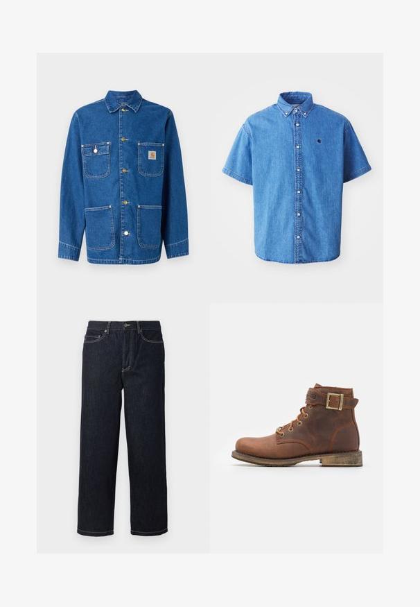 Jeansjacke in tiefblau mit langen Ärmeln, Knopfverschluss auf der Vorderseite, zwei Brusttaschen und einem Logopatch auf der linken Brust.; Kurze Ärmel Denim-Hemd in Hellblau mit button-down Kragen, versehen mit einem Brustlogo und auffälligen Nähten.; Dunkelblaue gerade geschnittene Jeans aus Denim mit fünf Taschen und weißen Kontrastnähten, Knopfverschluss und Gürtelschlaufen.; Harley Davidson VNTGMOTO SHORT RIDING APPROVED - Cowboy-/Bikerstiefelette - brown