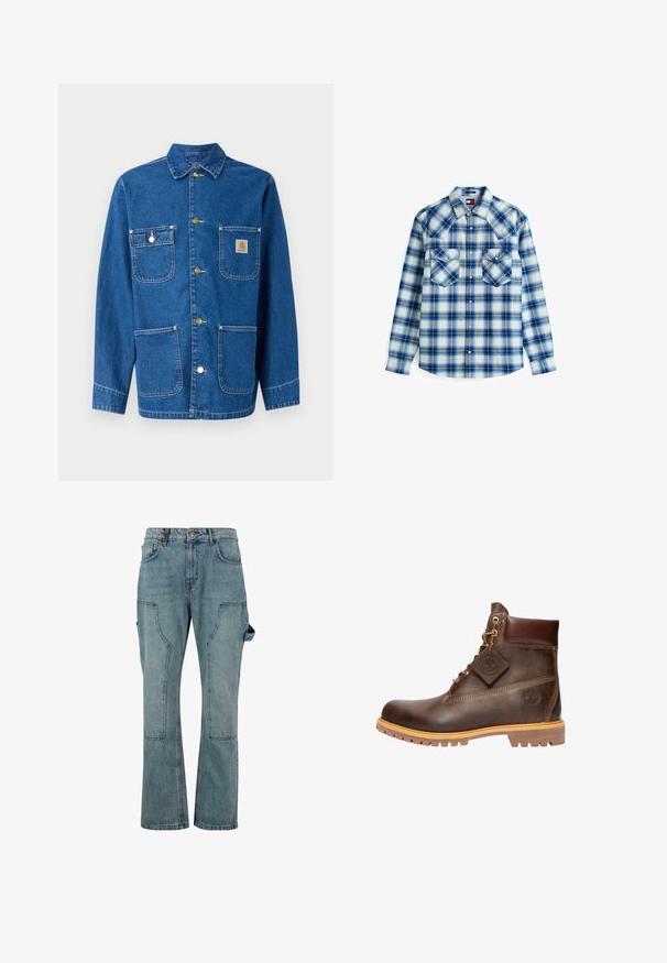 Chaqueta de denim en azul profundo con mangas largas, cierre frontal de botones, dos bolsillos en el pecho y un parche de logo en el lado izquierdo del pecho.; Camisa de cuadros azul y blanca hecha de tela tejida, con dos bolsillos en el pecho, un cierre frontal con botones y mangas largas con puños abotonados.; Pantalones cargo de mezclilla azul claro con un diseño de pierna recta, que cuentan con múltiples bolsillos y un cierre de botón en la cintura.; Botín de cuero marrón hasta el tobillo con punta redonda, suela resistente, herrajes en tono dorado y parte superior texturizada. Incluye una etiqueta con el logo adjunta.