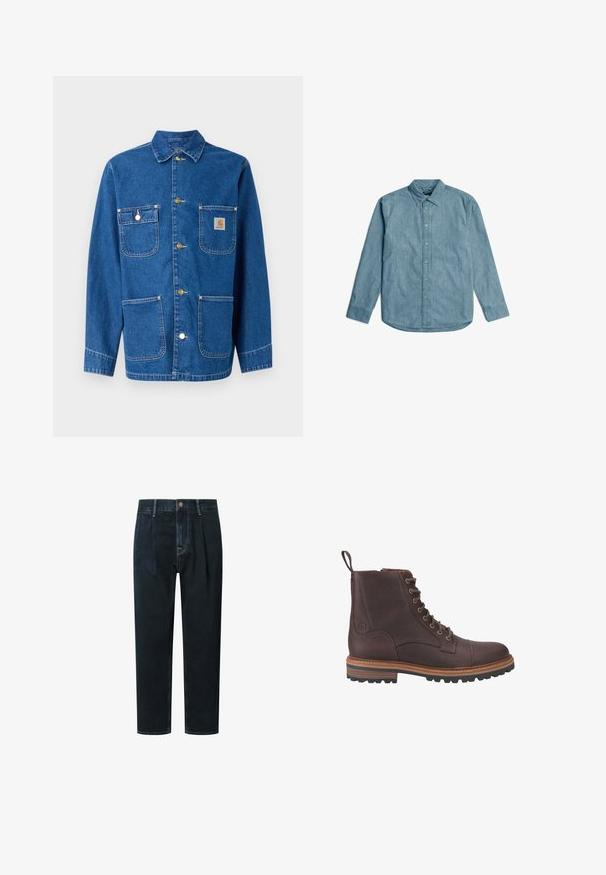 Jeansjacke in tiefblau mit langen Ärmeln, Knopfverschluss auf der Vorderseite, zwei Brusttaschen und einem Logopatch auf der linken Brust.; Hellblaues Denimhemd mit Button-Down-Kragen, langen Ärmeln und abgerundetem Saum. Verfügt über eine subtile Textur und eine standardmäßige Knopfblende.; Dunkelblaue Denim-Hosen mit lockerer Passform, hoher Taille, Falten, Frontknopfverschluss und goldfarbener Kontrastnaht.; Braune Leder-Stiefeletten mit Schnürung, strukturierter Oberfläche, kontrastierenden beigen Sohlen und Metallösen. Verfügen über eine Lasche zum einfachen An- und Ausziehen.