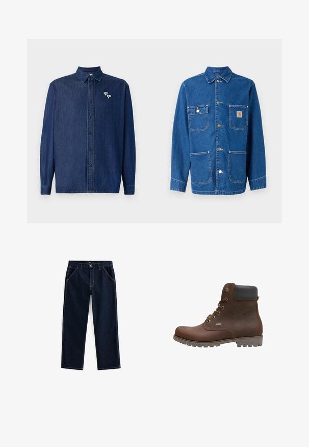 Chaqueta de denim en azul profundo con mangas largas, cierre frontal de botones, dos bolsillos en el pecho y un parche de logo en el lado izquierdo del pecho.; Camisa de denim azul oscuro con cierre de botones en la parte delantera, mangas largas y cuello puntiagudo. Presenta un logo "RP" bordado en blanco.; Pantalones vaqueros de mezclilla de color azul oscuro con corte recto, que cuentan con cinco bolsillos y costuras en blanco que contrastan a lo largo de las costuras y los bolsillos.; Botín de cuero marrón con acentos negros, ojales metálicos, diseño de cordones, suela texturizada y detalle impermeable en el lateral.