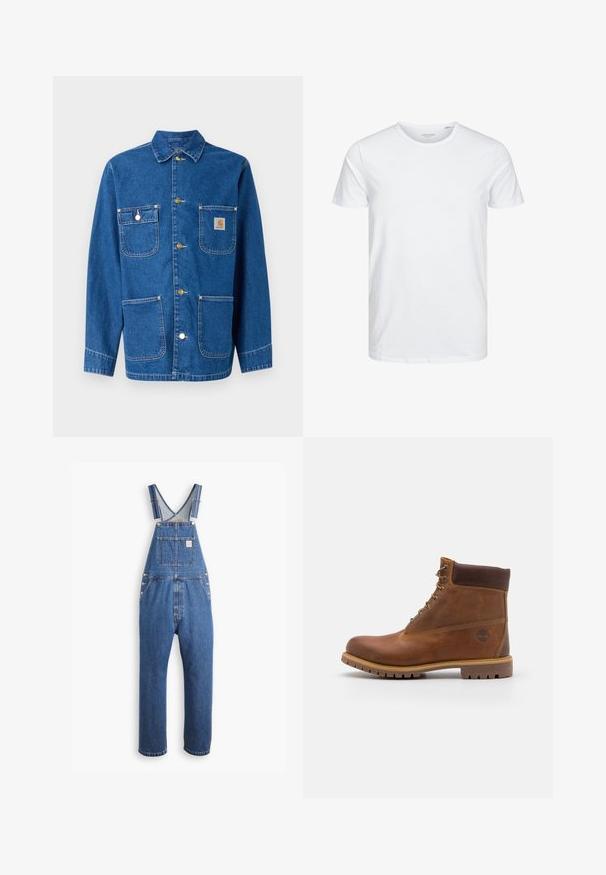 Veste en denim bleu foncé avec manches longues, fermeture à boutons sur le devant, deux poches poitrine et un écusson logo sur la poitrine gauche.; T-shirt à col rond à manches courtes de couleur blanche unie, fabriqué en coton doux, avec un design simple sans motifs ni accents visibles.; Salopette en denim bleu moyen, avec des bretelles ajustables, une poche avant et des éléments en métal, offrant une coupe décontractée et un design à jambes droites.; Botte de randonnée en cuir marron avec une finition lisse, cheville rembourrée, œillets en métal et semelle en caoutchouc dotée d'un motif de crampons robuste.
