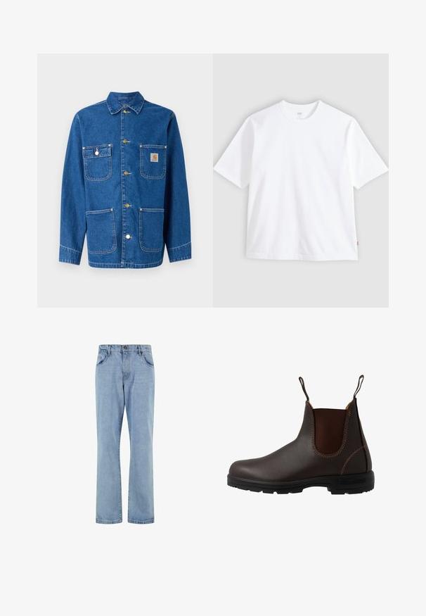 Denimjack met een diepe blauwe kleur, lange mouwen, knoopsluiting aan de voorkant, twee borstzakken en een logopatch op de linkerborst.; Wit T-shirt met korte mouwen van katoen, met een ronde hals en een rechte snit. Label zichtbaar op de onderste zijzoom.; Lichtblauwe rechte spijkerbroek met voorzakken, riemlussen en knoopsluiting op een witte achtergrond.; Bruine leren Chelsea-laars met elastisch zijpaneel, bruine stiksels, trekriempjes en een duurzame rubberen zool met een gestructureerd patroon.