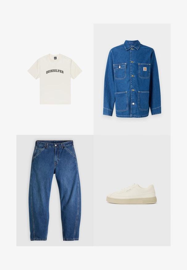 Jeansjacke in tiefblau mit langen Ärmeln, Knopfverschluss auf der Vorderseite, zwei Brusttaschen und einem Logopatch auf der linken Brust.; Cremfarbendes Baumwoll-T-Shirt mit kurzen Ärmeln und rundem Halsausschnitt. Mit dem „QUIKSILVER“-Logo in Schwarz, das über die Brust gedruckt ist.; Blaue Denim-Jeans mit lockerer Passform, ausgestattet mit Knopfverschluss, fünf Taschen und kontrastierenden orangefarbenen Nähten. Durchgehend glatte Textur.; Weiße Leinen-Sneaker mit einer strukturierten Gummisohle, die eine gestickte Zehenkappe und ein Logo-Detail an der Ferse aufweisen. Einfaches Schnürdesign.