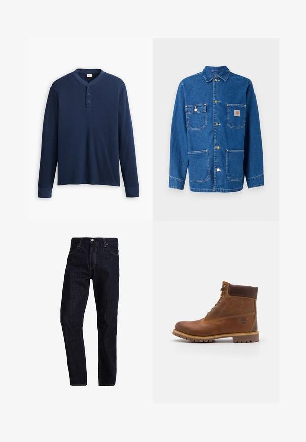 Veste en denim bleu foncé avec manches longues, fermeture à boutons sur le devant, deux poches poitrine et un écusson logo sur la poitrine gauche.; Chemise henley à manches longues de couleur bleu marine en tissu côtelé. Présente un col rond et une patte de boutonnage à trois boutons. Les poignets sont ajustés.; Un jean en denim bleu foncé avec une coupe droite, doté de coutures jaunes, de cinq poches et d'une fermeture à bouton classique avec une fermeture éclair.; Botte de randonnée en cuir marron avec une finition lisse, cheville rembourrée, œillets en métal et semelle en caoutchouc dotée d'un motif de crampons robuste.