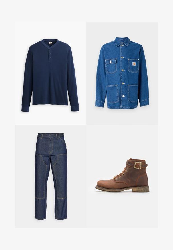 Jeansjacke in tiefblau mit langen Ärmeln, Knopfverschluss auf der Vorderseite, zwei Brusttaschen und einem Logopatch auf der linken Brust.; Langärmliges navyblaues Henley-Shirt aus geripptem Stoff. Mit rundem Ausschnitt und einer Knopfleiste mit drei Knöpfen. Die Bündchen sind schmal geschnitten.; Dunkelblaue Jeans aus Denim mit hoher Taille, geradem Bein-Design, kontrastierenden Nähten und aufgesetzten Taschen auf der Vorderseite.; Harley Davidson VNTGMOTO SHORT RIDING APPROVED - Cowboy-/Bikerstiefelette - brown