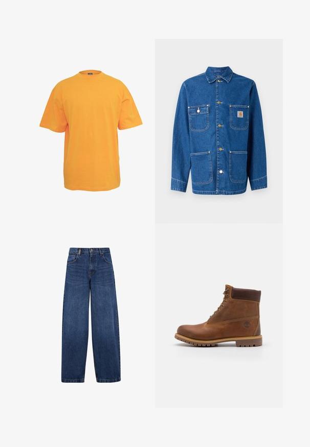 Jeansjacke in tiefblau mit langen Ärmeln, Knopfverschluss auf der Vorderseite, zwei Brusttaschen und einem Logopatch auf der linken Brust.; Oranges Baumwoll-T-Shirt mit rundem Halsausschnitt, kurzen Ärmeln und lockerer Passform. Keine Muster oder Akzente. Glatte Textur.; Breite blaue Denim-Jeans im klassischen Fünf-Taschen-Design, Knopfverschluss und mit einer leicht ausgewaschenen Textur. Robuste Nähte.; Braune Lederwanderschuhe mit glatter Oberfläche, gepolstertem Knöchel, Metallösen und einer Gummisohle mit robustem Profil.