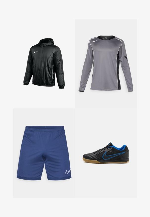 Schwarze Nike Kapuzenjacke mit Frontreißverschluss, elastischen Bündchen und dezenten weißen Details an den Seiten für Herren oder Unisex.; Langärmliges Funktionsshirt in Grau mit schwarzen Akzenten. Hergestellt aus glattem, leichtem Stoff. Verfügt über weiße Paspelierung an den Schultern.; Blaue Sportshorts aus leichtem Material. Mit einem elastischen Bund und dem weißen Nike Swoosh-Logo an der unteren Seite.; Schwarze Sportschuhe mit blauen Akzenten, strukturierter Synthetik-Oberfläche, Schnürverschluss und Gummisohle. Merkmale ein auffälliges Logo-Detail an der Seite.