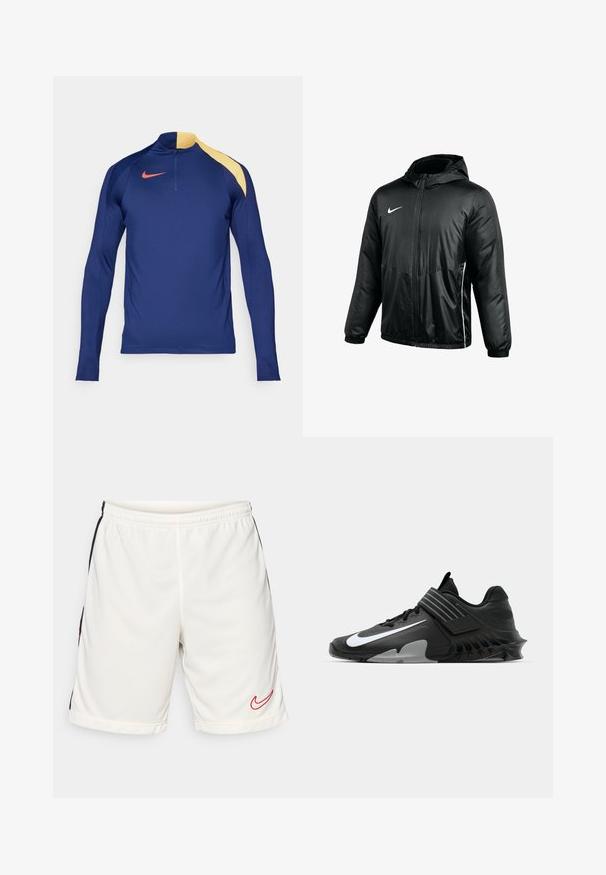 Chaqueta negra con capucha de Nike con cremallera frontal, puños elásticos y sutiles detalles blancos en los laterales para hombre o unisex.; Camiseta deportiva de manga larga en azul marino con un acento amarillo en el hombro, cuello con media cremallera y el logotipo de Nike en rojo en el pecho.; Shorts atléticos blancos hechos de un tejido suave con una franja lateral negra y un logo de Nike rojo en el dobladillo inferior izquierdo. Cintura elástica incluida.; Zapatos deportivos negros con un diseño elegante, que presentan un destacado logo de Nike en blanco, superposiciones texturizadas y una suela moldeada distintiva.