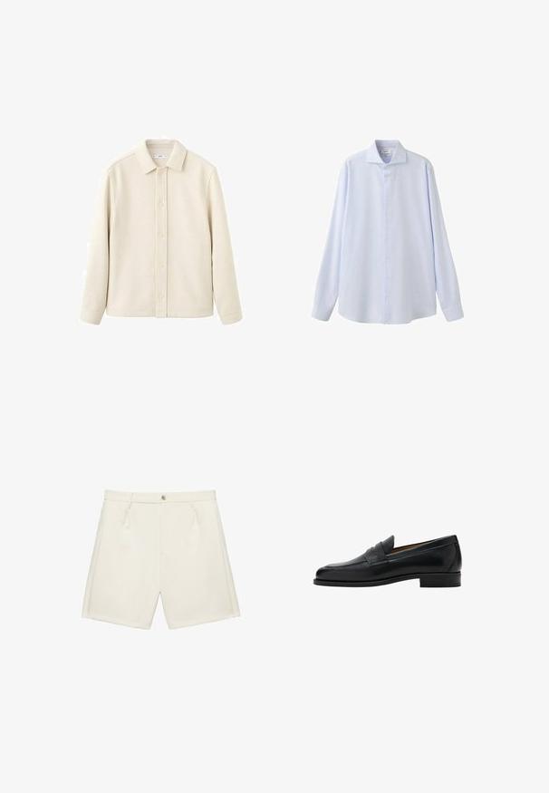 Chemise boutonnée couleur crème avec col, manches longues, texture douce et coupe droite. Présente un design uni sans motifs.; Chemise homme habillée bleu clair à manches longues avec fines rayures verticales et boutonnée sur un fond blanc.; Shorts crème sur mesure avec fermeture à bouton devant, passants de ceinture et poches latérales, posés à plat sur fond blanc.; Mocassin penny en cuir noir avec talon bas, bout arrondi et une bride sur la partie supérieure de la chaussure.
