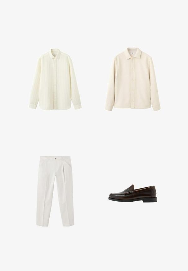 Chemise boutonnée couleur crème avec col, manches longues, texture douce et coupe droite. Présente un design uni sans motifs.; Chemise crème à manches longues avec fines rayures verticales, boutonnée à l'avant et col classique, présentée sur un fond blanc.; Pantalon droit couleur crème avec poches avant et passants pour ceinture, fermeture par bouton et zip, présenté sur fond blanc.; Mocassin penny en cuir marron foncé avec bout moc cousu, talon bas et finition lisse, présenté de profil sur fond blanc.
