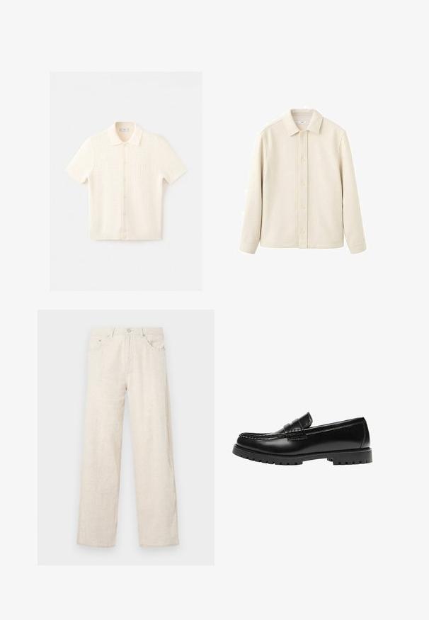 Chemise boutonnée couleur crème avec col, manches longues, texture douce et coupe droite. Présente un design uni sans motifs.; Cardigan en maille crème à manches courtes avec texture gaufrée, boutonné devant et col, posé à plat sur fond blanc.; Pantalons larges beiges en tissu texturé, dotés d'une fermeture à bouton, de passants de ceinture et d'un style de poche classique.; Mocassin en cuir noir avec une semelle en caoutchouc épaisse et un détail classique de bride à monnaie, vu de côté extérieur.