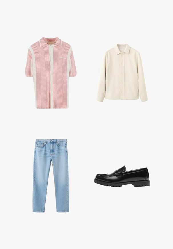 Fløjlsfarvet skjorte med knapper, krave, lange ærmer, blød tekstur og lige snit. Har ensfarvet design uden mønstre.; Kortærmet strik cardigan med et pink og hvidt stribet mønster, der har en krave og knaplukning foran. Blødt, tekstureret stof.; Lyseblå denimjeans med lige snit, fem-lomme-design og subtile falmninger. Har en øverste knap og lynlås.; Sort læderloafer med en kraftig gummisål og klassiske penny-strap detaljer, vist fra ydersiden.