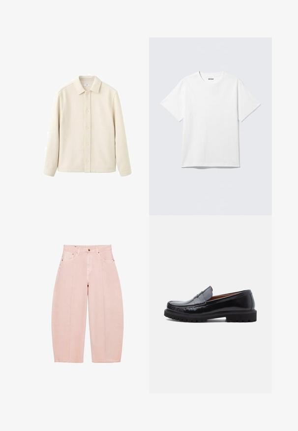 Chemise boutonnée couleur crème avec col, manches longues, texture douce et coupe droite. Présente un design uni sans motifs.; T-shirt blanc à manches courtes et col rond, étalé à plat, design uni, avec l'étiquette "WEEKDAY" à l'intérieur du col sur un fond clair.; Pantalon court taille haute à jambes larges en denim rose clair avec détails de couture à l'avant et style cinq poches.; Mocassin penny en cuir noir avec semelle en caoutchouc épaisse et couture moc toe, montré de profil sur un fond blanc.