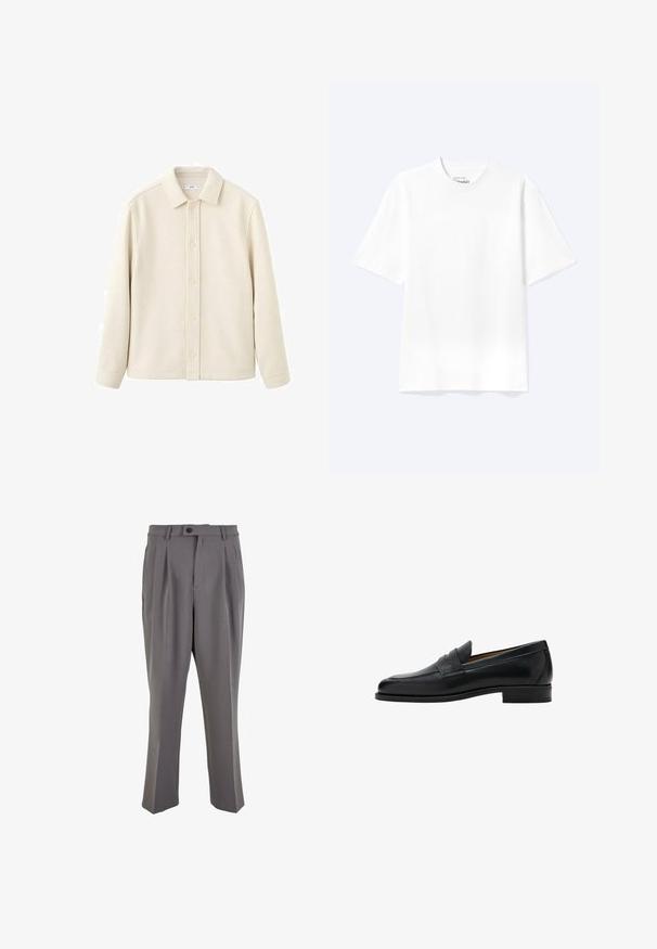 Chemise boutonnée couleur crème avec col, manches longues, texture douce et coupe droite. Présente un design uni sans motifs.; T-shirt blanc uni à manches courtes et col rond avec une coupe décontractée, présenté sur un fond clair.; Pantalons plissés gris en tissu lisse, avec une coupe droite, une fermeture à un bouton et des passants de ceinture. Design minimaliste.; Mocassin penny en cuir noir avec talon bas, bout arrondi et une bride sur la partie supérieure de la chaussure.