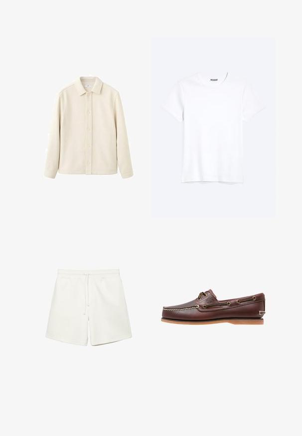 Chemise boutonnée couleur crème avec col, manches longues, texture douce et coupe droite. Présente un design uni sans motifs.; T-shirt blanc uni à manches courtes et col rond avec une étiquette de la marque WEEKDAY visible au niveau du col, présenté sur un fond clair.; Shorts blancs décontractés avec une ceinture élastique et un cordon de serrage, dotés de poches latérales, conçus pour le confort et un usage quotidien.; Chaussure bateau en cuir marron avec coutures blanches, détails de lacets et semelle en caoutchouc beige, vue de côté sur fond blanc.