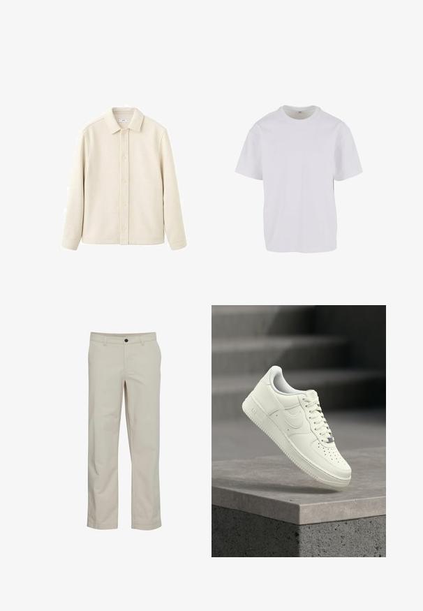 Camisa de color crema con botones, cuello, mangas largas, textura suave y corte recto. Presenta un diseño sencillo sin patrones.; Camiseta blanca de manga corta hecha de algodón suave, con un cuello redondo y un corte relajado con dobladillo recto. Sin patrones ni acentos visibles.; Pantalones de algodón beige con diseño de pierna recta, bolsillos delanteros y cierre de un solo botón. Textura suave y detalles mínimos de costuras.; Zapatilla deportiva de cuero blanco con diseño de perfil bajo, superficie texturizada, perforaciones en la punta y detalles plateados en los cordones y la marca.