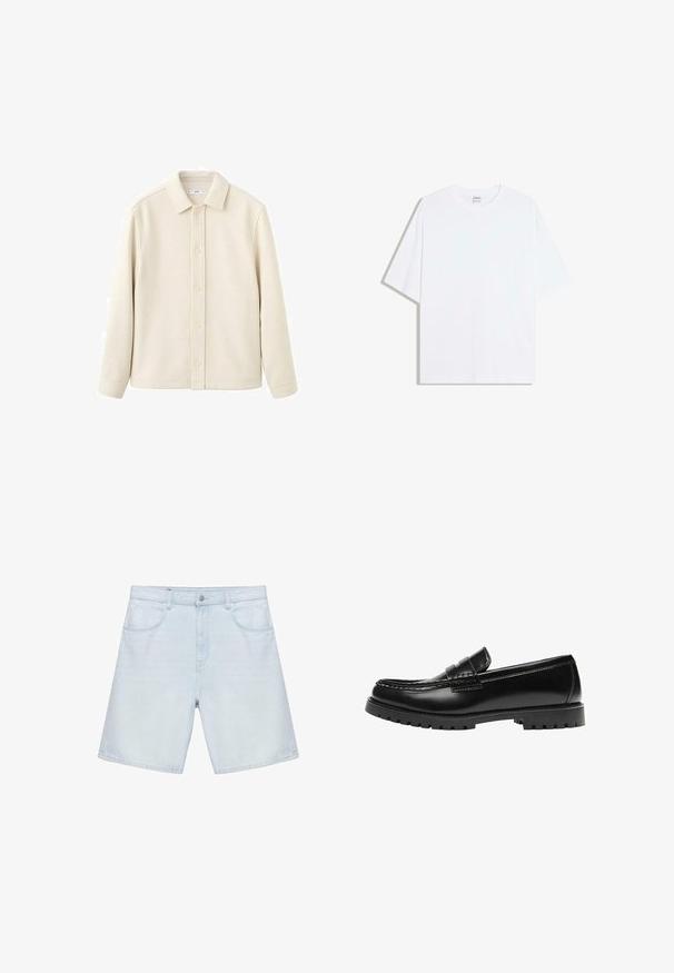 Chemise boutonnée couleur crème avec col, manches longues, texture douce et coupe droite. Présente un design uni sans motifs.; T-shirt oversize en coton blanc avec un col rond et des manches courtes ; texture lisse, sans motifs ni accents visibles.; Short en jean bleu clair avec poches avant, passants de ceinture et fermeture par bouton, présenté sur fond blanc.; Mocassin en cuir noir avec une semelle en caoutchouc épaisse et un détail classique de bride à monnaie, vu de côté extérieur.