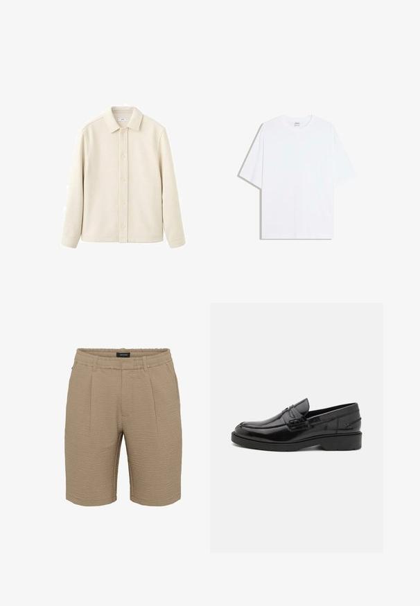 Fløjlsfarvet skjorte med knapper, krave, lange ærmer, blød tekstur og lige snit. Har ensfarvet design uden mønstre.; Hvid oversized bomulds t-shirt med rund hals og korte ærmer; glat tekstur, uden synlige mønstre eller accenter.; Beige shorts lavet af struktureret stof med en rynket overflade, en elastisk talje og to frontfolder.; Sorte læder loafers med en glat finish, rund tå, lav hæl og dekorativ syning langs forsiden. Gummisål for godt greb.