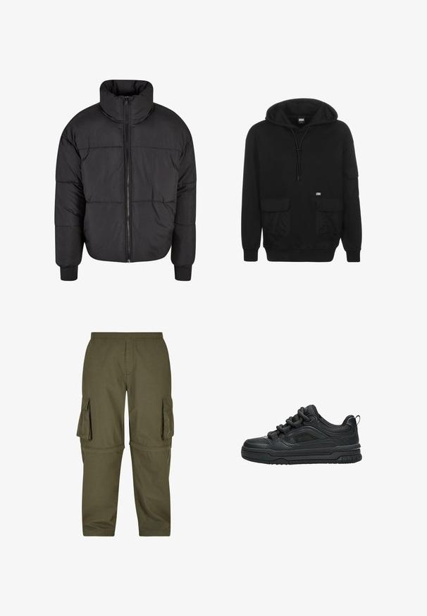 Schwarze Pufferjacke mit hohem Kragen, durchgehendem Reißverschluss und gestepptem Design. Die Bündchen sind elastisch für einen engen Sitz.; Schwarzer Kapuzenpulli aus weichem Stoff, mit einer Kordelzugkapuze, Fronttaschen und einem Logo-Patch auf der linken Brustseite.; Olivgrüne Cargo-Hosen aus leichtem Material, mit mehreren Seitentaschen, einem elastischen Bund und einem geraden Schnitt.; Schwarzer Low-Top-Sneaker mit dicker Sohle, gepolstertem Kragen, Mesh-Einsätzen und kräftigen Schnürsenkeln, dargestellt vor weißem Hintergrund.